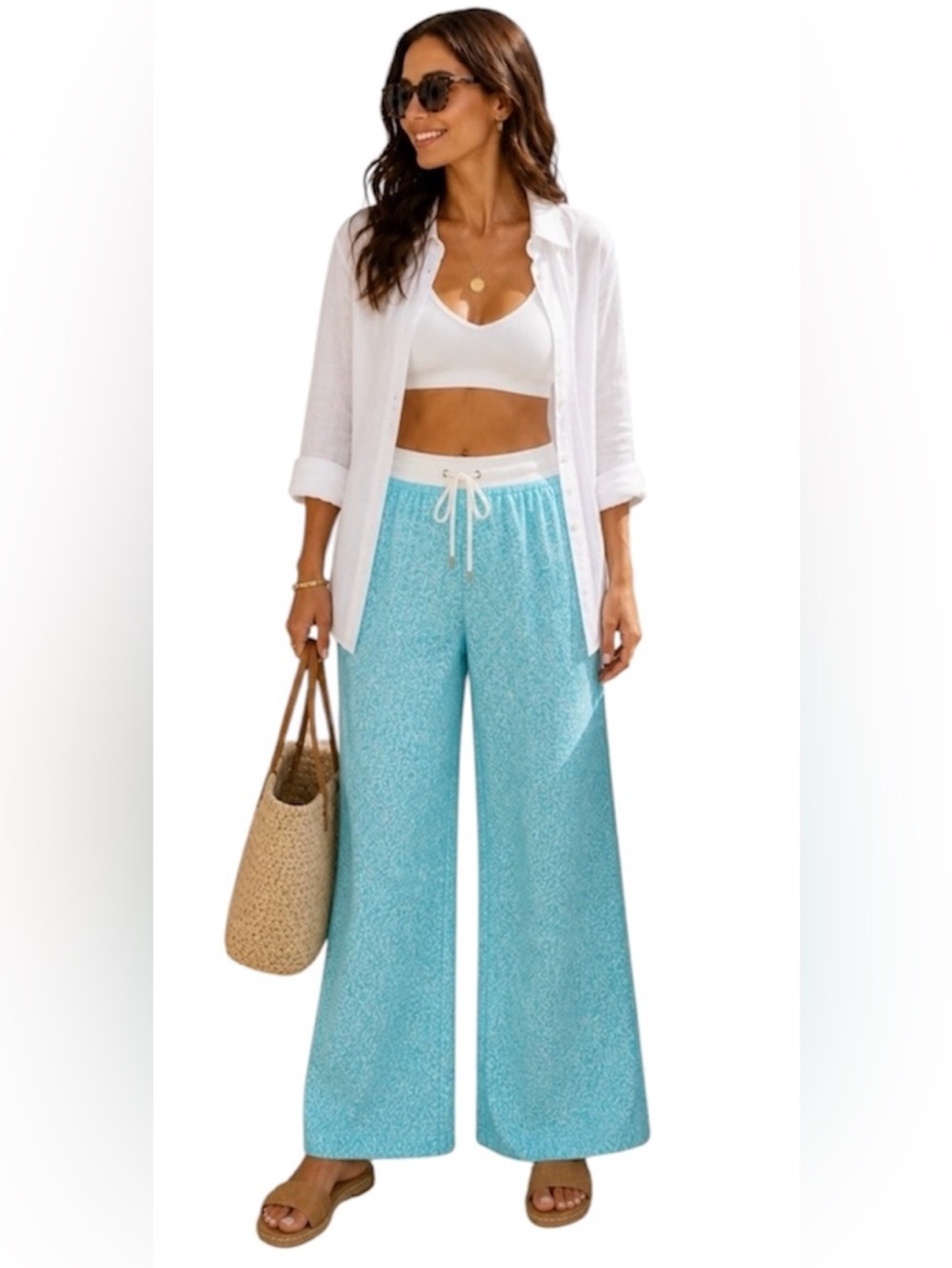 Lilly Pulitzer Linen Palazzo Beach Pants Shorely Blue Ice Cake Wide Leg size L